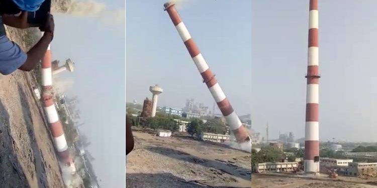 ….એ…પડી…સિક્કામાં મહાકાય ચીમની મિનિટોમાં જ જમીનદોસ્ત કરાઇ