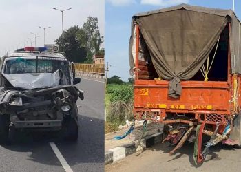 આરોપીને લઇને જઈ રહેલ પોલીસની ગાડીનો અકસ્માત