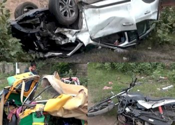 કાર, રીક્ષા અને બાઈકનો અકસ્માત…કાર અને રીક્ષાનું તો જાણે પડીકું વળી ગયું