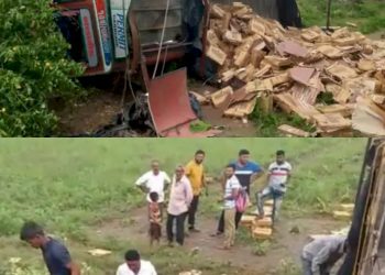 હાઈવે પર ટાઈલ્સ ભરેલ ટ્રક પલ્ટી માર્યો અને પછી તો….