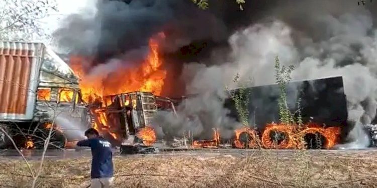 ત્રિપલ અકસ્માત બાદ ફાટી નીકળી આગ, 6થી વધુના મોતની આશંકા 