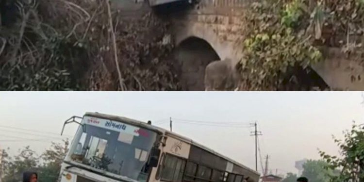 મુસાફરો..વિદ્યાર્થીઓ ભરેલ એસ.ટી બસ રીવર્સ લેવા જતા નાળા પર લટકી પડી